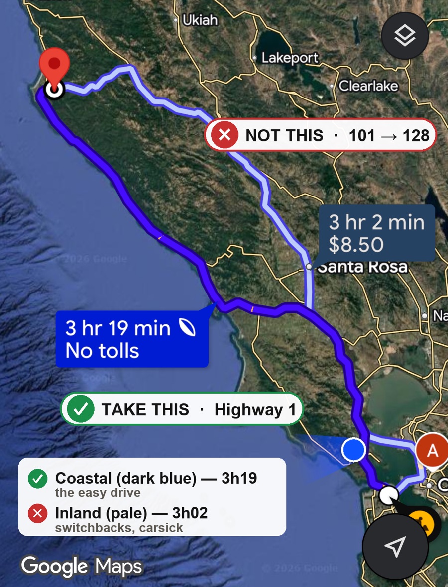 Google Maps showing two routes from San Francisco to Oz Farm: the coastal Highway 1 route marked TAKE THIS, and the inland 101 to 128 route marked NOT THIS.